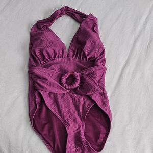 Kate Spade Plunging Halter Swimsuit w Buckle Detail